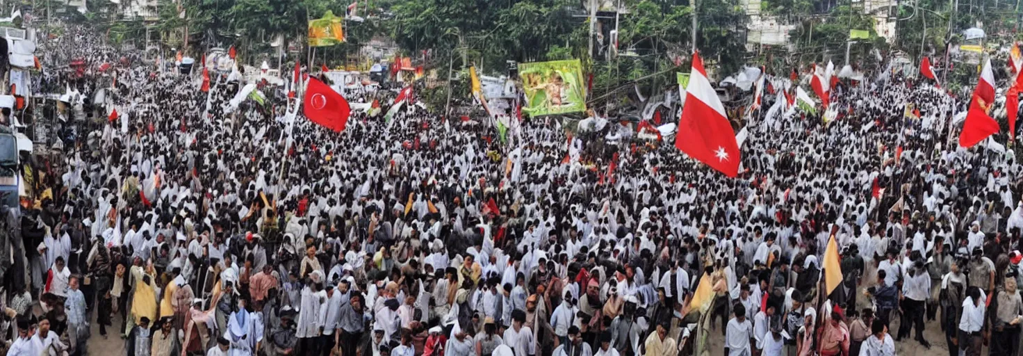 Image similar to jakarta is full of supporters of habib riziq, they demonstrate while carrying jihad flags, very high resolution images, with very fine details, taken by the world's most famous photographers