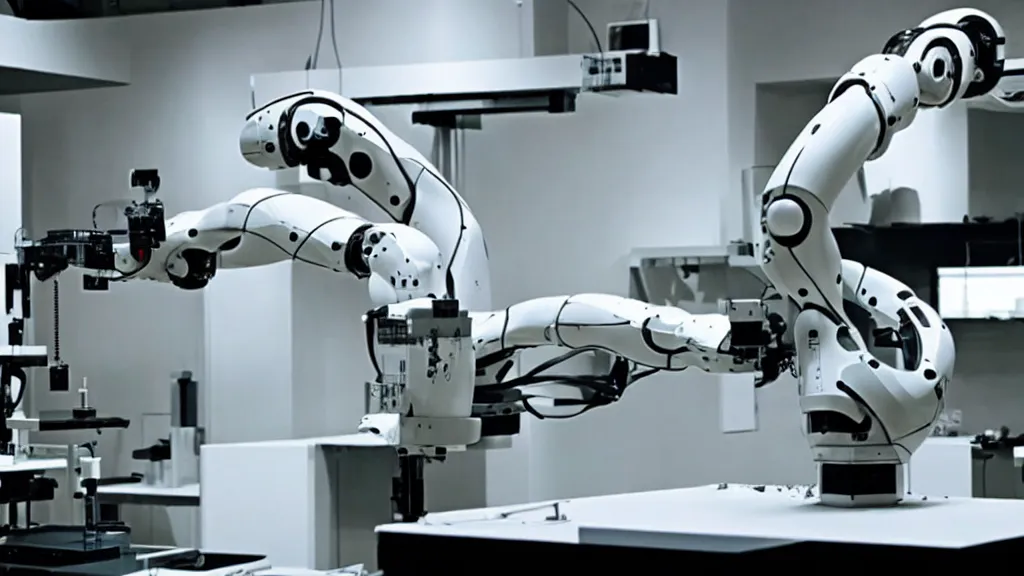 Image similar to a complex bifurcated robotic cnc surgical arm hybrid mri 3 d printer machine making black and white ceramic mutant forms in the laboratory inspection room, film still from the movie directed by denis villeneuve with art direction by salvador dali, wide lens