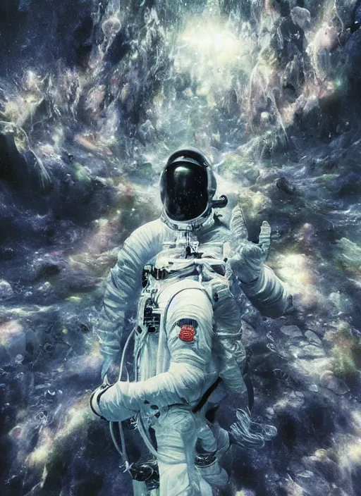 Image similar to astronaut in dark void underwater - complex and hyperdetailed technical suit design. reflection and dispersion materials. rays and dispersion of light. volumetric light. f / 3 2. noise film photo. flash photography. ultra realistic, 5 0 mm. poster by wayne barlowe, hajime sorayama aaron horkey, craig mullins