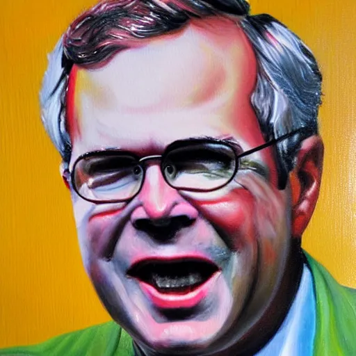 Prompt: oil painting of jeb bush as mad scientist, colorful