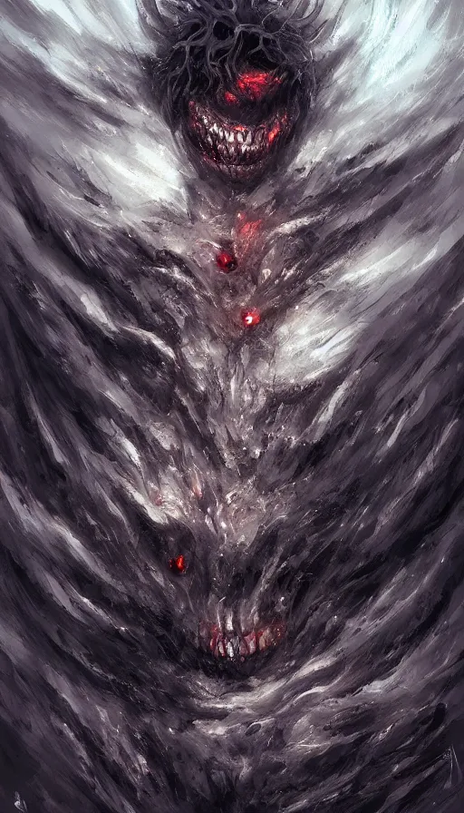 Prompt: a storm vortex made of many demonic eyes and teeth, by wlop