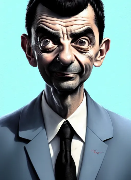 Image similar to highly detailed pencil sketch caricature portrait of mr bean gangster by ross tran, by greg rutkowski, brush strokes, 4 k resolution, light blue pastel background