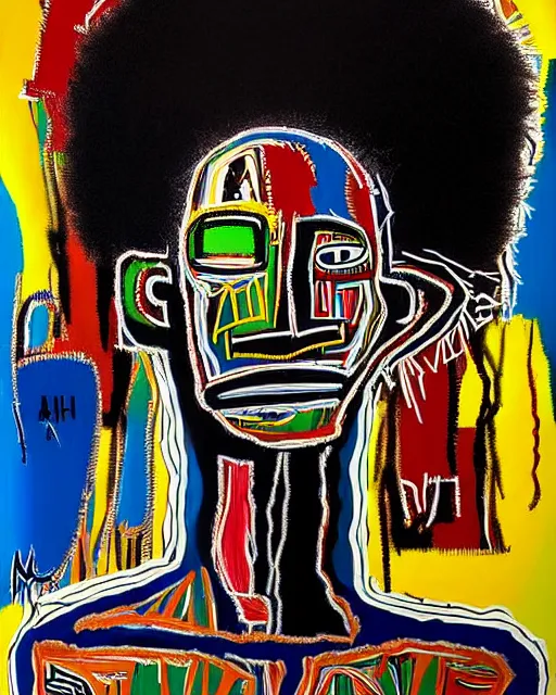 Image similar to A extremely ultra highly detailed majestic hi-res beautiful immaculate head and shoulders award winning painting stunning masterpiece of the face of a strong black african warrior man with an afro by Jean-Michel Basquiat, 8k, high textures, ultra hyper sharp, insanely detailed and intricate, super detailed, 8k HDR ultra high quality