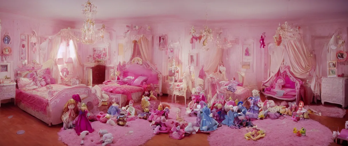 Image similar to movie still 4 k uhd 3 5 mm film color photograph of an princess room full of toys and dolls