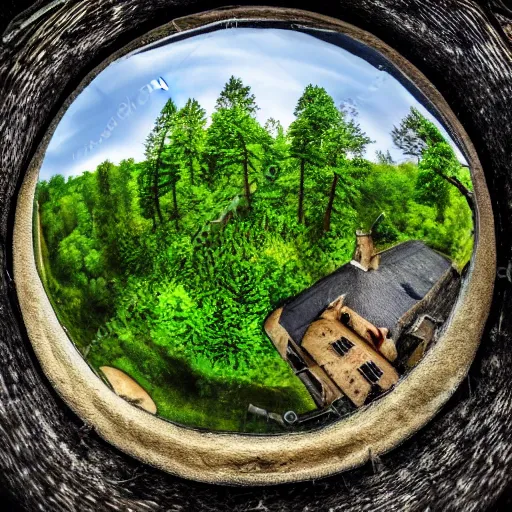 Image similar to hunted medieval town on the edge of dark forest, werewolf attack on villagers, hd, above view, fisheye lense