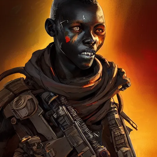 Image similar to a dark and ominous african child soldier with glowing eyes and a half robot face, Apex Legends character digital illustration portrait design, by android jones and greg rutkowski in a cyberpunk voodoo style, detailed, cinematic lighting, wide angle action dynamic portrait