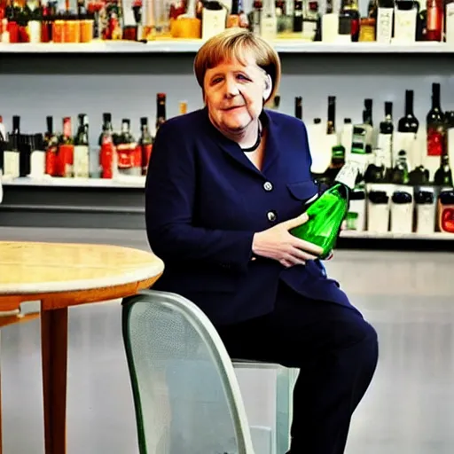 Image similar to angela merkel gopnik style, holding vodka bottle