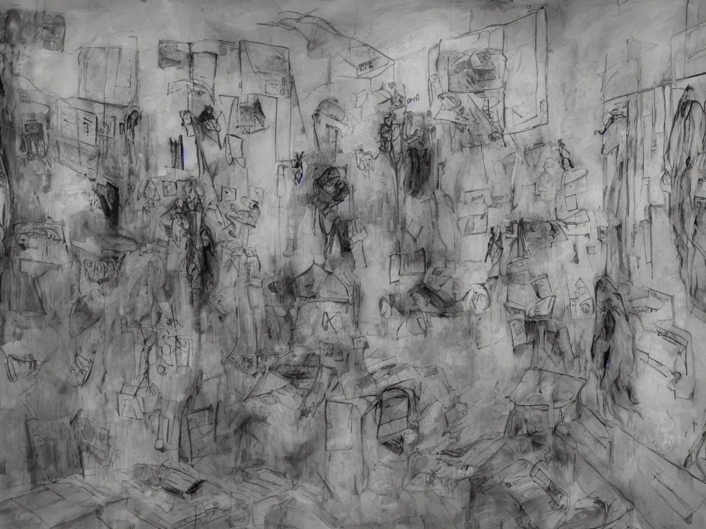 Image similar to “A spectral archive of an interrogation room in Guantanamo Bay detention center with military men and women facing, surrounding detainees, expressionist maleficent atmosphere, drawings on dirty walls, slack of papers, photographs hanging on a board, injustice, depredation, depravation, redacted, highly detailed, texturized, raw footage”