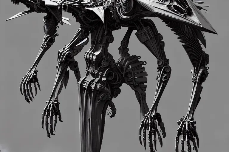 Image similar to pterodactyl cyborg mech wings, by alexandre ferra, zezhou chen, peter gric, mohamed reda and hr giger, hyper detailed line art, screen print, character concept art, realistic, coherent, octane render, zbrush central, behance hd, hypermaximalist