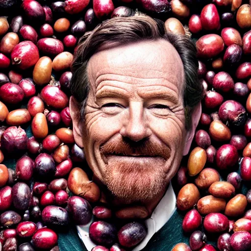 Image similar to closeup portrait of bryan cranston happy face submerged in cranberries, food photography, natural light, sharp, detailed face, magazine, press, photo, steve mccurry, david lazar, canon, nikon, focus