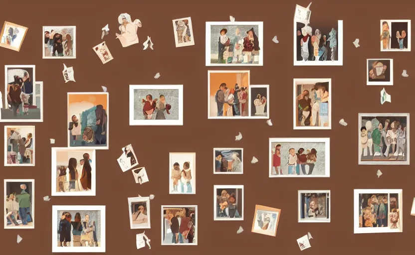 Image similar to story book illustration of a wall with family pictures, brown colors