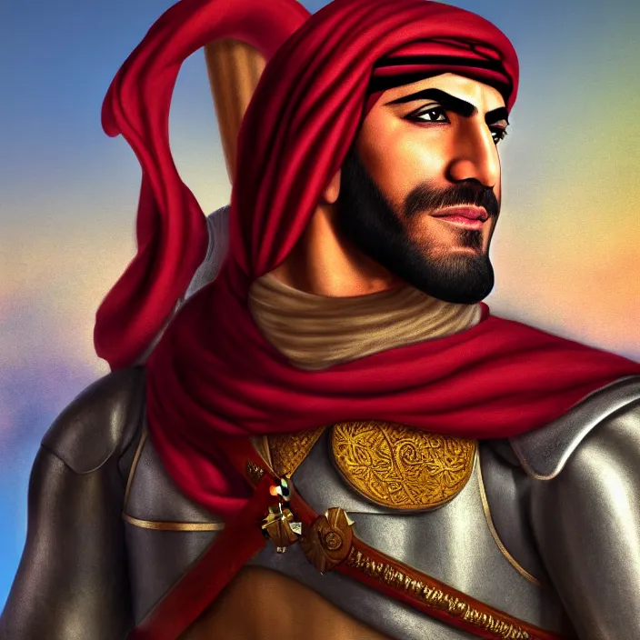 Image similar to portrait, captain falcon as sheik mohammad ruler of dubai, head and torso only, masterpiece, medieval arabia, sharp details,, hd, 4 k