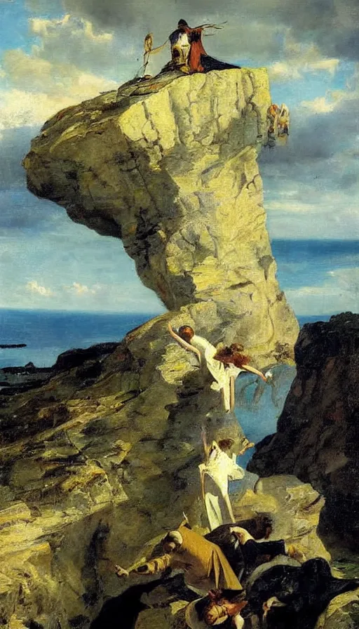 Image similar to still life painting of party falling off a cliff, by Peder Krøyer, dramatic lighting, epic, intricate detail, canvas print