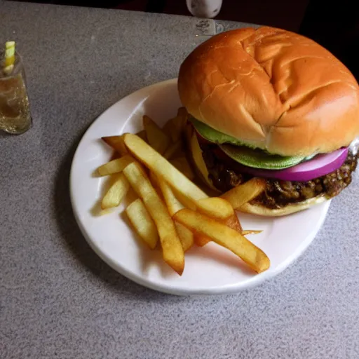 Image similar to pebbles burger, soda, fries