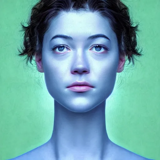 Prompt: a masterpiece portrait photo of a beautiful young woman who looks like a blue skinned mary elizabeth winstead, symmetrical face