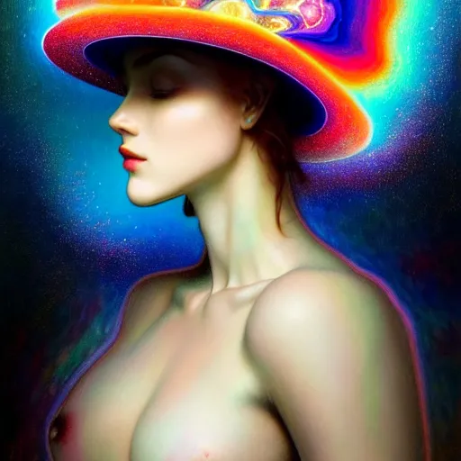 Prompt: An extremely psychedelic celestial white fedora hat, colorful, surreal, dramatic lighting, magic mushrooms, psilocybin, LSD, face, detailed, intricate, elegant, highly detailed, digital painting, artstation, concept art, smooth, sharp focus, illustration, art by Krenz Cushart and Artem Demura and alphonse mucha