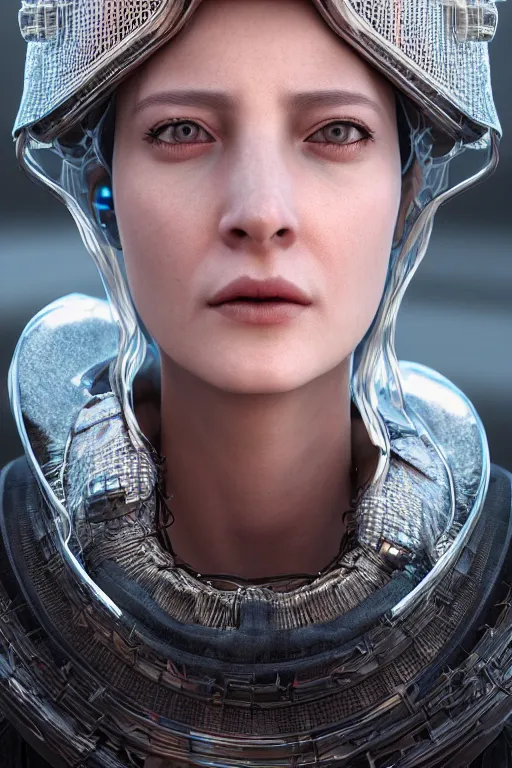 Image similar to 3 / 4 portrait, queen emma, crown, transparent skin, hyperrealism, detailed textures, photorealistic, 3 d cyberpunk apocalyptic city, futuristic clothing and helmet, ultra realistic, cinematic, intricate, cinematic light, unreal engine 8 k, octane render, unreal engine by david kostic and stanley lau and artgerm