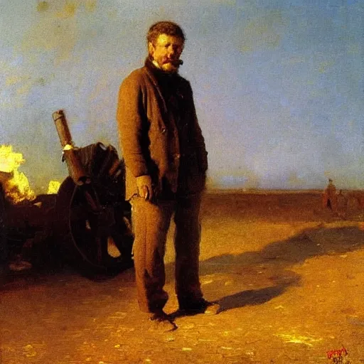 Image similar to high quality high detail painting by ilya repin, man standing in front of huge explosion, hd