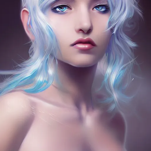 Image similar to teen girl, light blue white hair, gorgeous, amazing, elegant, intricate, ocean, highly detailed, digital painting, artstation, concept art, sharp focus, illustration, art by Ross tran