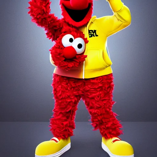 Image similar to Elmo from sesame street dressed up as a mega stylish rapper, wearing a hoodie and gold chain and backwards hat, in New York City, highly detailed, 4K, moody lighting, 90’s vibe, 3d render, octane redshift, 8k