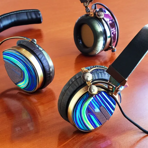 Prompt: masterpiece photo of beautiful crafted artistic bismuth metal headphones, bismuth rainbow metal, bismuth cups, leather padding, displayed on mahogany desk, modernist headphones, bismuth headphones beautiful well designed, hyperrealistic, audiophile, intricate hyper detail, extreme high quality, photographic, meze audio, sennheiser, hifiman, artstation, abyssal audio