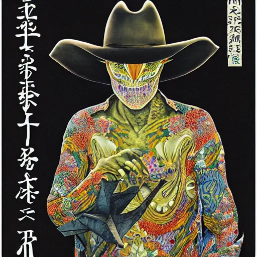 Image similar to a simple centered portrait of a cowboy dinosaur. an award winning yoshitaka amano digital art poster color painting, by james gurney and gerhard richter. art by takato yamamoto. masterpiece, poster colour on canvas.