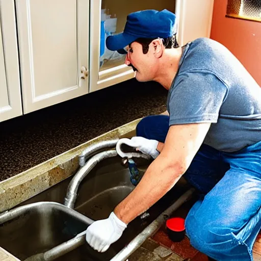 Image similar to Mario the plumber fixing the pipes under the kitchen sink