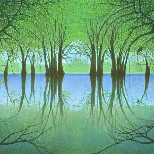 Image similar to escher painting of a lake, big trees reflecting on lake surface, ultra sharp, ultra detailed, colorized by salvador