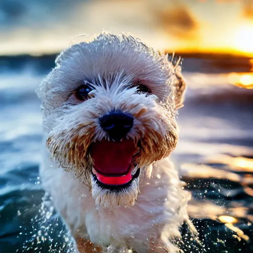 Image similar to a closeup photorealistic photograph of a cute smiling tiger bichon puppy splashing in the surf during sunset. professional capture, well lit shot. this 4 k hd image is trending on artstation, featured on behance, well - rendered, extra crisp, features intricate detail, epic composition and the style of unreal engine.