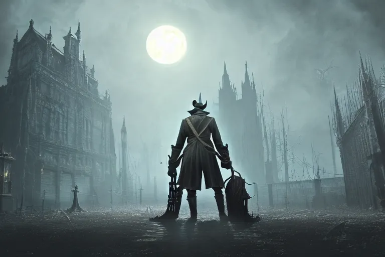 Prompt: an ultra matte painting of a big daddy in the style of bloodborne, concept art by art by john collier and albert aublet and krenz cushart, scary shadows, blood moon eclipse, octane render, liminal space