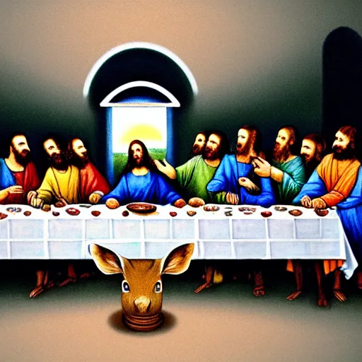 Prompt: A beautiful painting of the Last Supper, with Jesus and his dead decomposing disciples replaced by various blood. The painting is set in a graveyard, with a deer at the head of the table and a squirrel and rabbit to either side. clockpunk, crayon art by Hiroshi Yoshida, by Iryna Yermolova, by Catherine Hyde 3d render