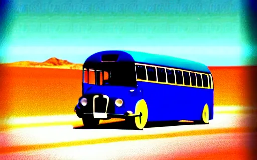 Prompt: Going Nowhere Fast, desert, blue bus