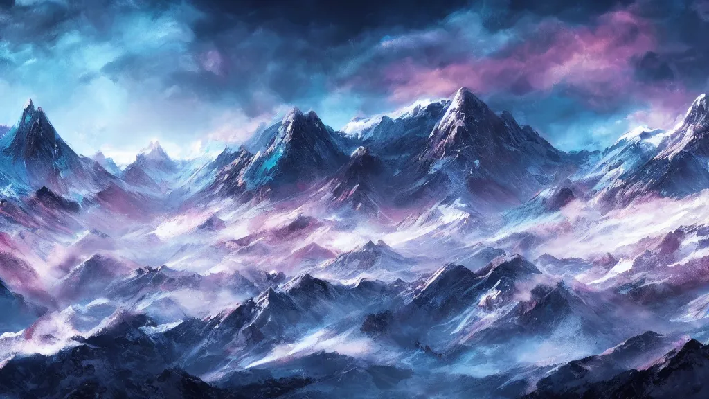 Image similar to mountain range, cold colors, winter, fantasy artwork, award winning, very very very very very very very beautiful scenery, hd, 4k, cinematic wallpaper, trending on artstation