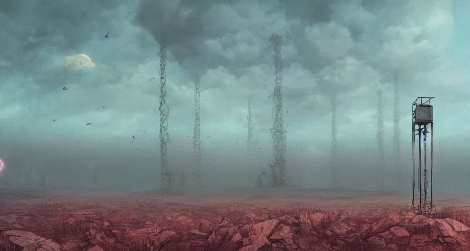 Image similar to One Derelict Radio Tower surreal landscape, rendered by zdzisław beksiński, simon stålenhag, Beeple, environment concept, digital art, starwars, unreal engine, 3 point perspective, WLOP, trending on artstation, low level, 4K UHD image, octane render,