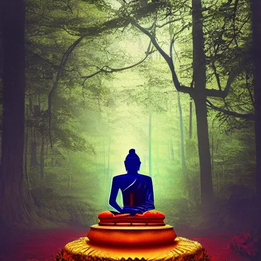 Prompt: a buddha statue sitting in the middle of a forest, cyberpunk art by Alena Aenami, trending on cgsociety, metaphysical painting, tesseract, mystical ::