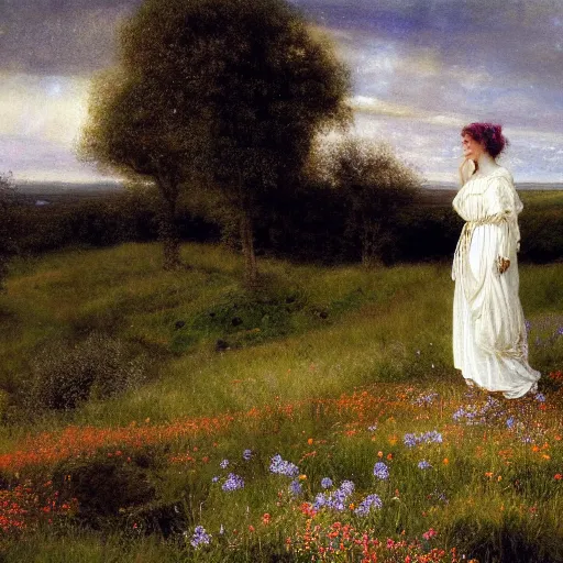 Prompt: a young woman in a flowing white gown sits on a rainbow stone among a wildflower meadow at dawn, in the style of alma tadema, iridescent, diffraction, holographic