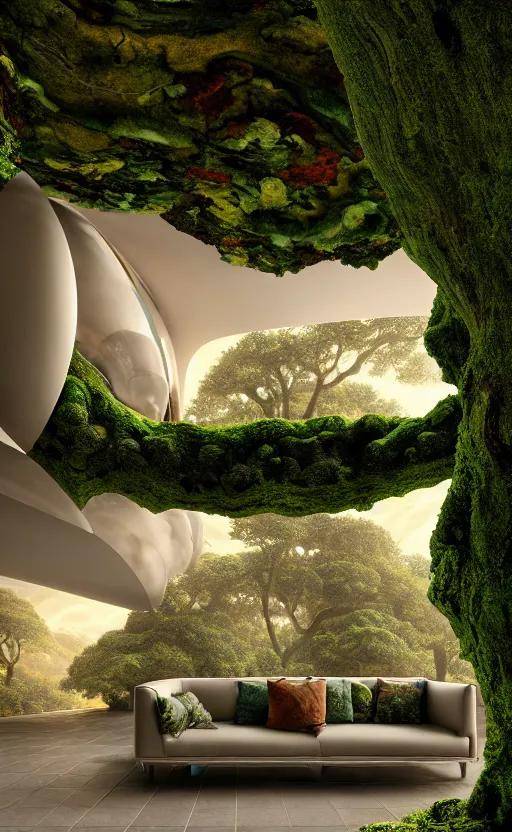 Image similar to highly detailed villa natural beautiful light interior soft cinematic composition of a smooth ceramic porcelain biomorphic magnolia stone nebula fluid sci - fi surreal colorful architecture landscape, furniture, granite, trees, marble, moss, lichen, fungi, vincent callebaut composition, mamou - mani, archviz, 8 k, unreal engine, hdr