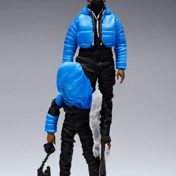 Image similar to a action figure of kanye west using full face - covering black mask with small holes. a small, tight, undersized reflective bright blue round puffer jacket made of nylon. a shirt underneath. jeans pants. a pair of big rubber boots, figurine, detailed product photo, 4 k, realistic, acton figure, studio lighting, professional photo