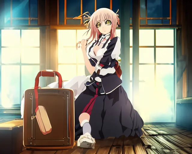 Image similar to key anime visual portrait of a young female with luggage in a tavern interior, dynamic pose, dynamic perspective, cinematic, dramatic lighting, muted colors, fine detail, textured, big detailed anime eyes outlined, anime proportions