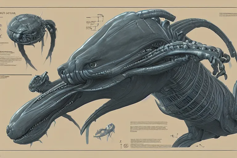 Image similar to schematic diagram of alien boss, biology, book, page, detailed, cross section, trending on artstation, cgsociety, Ralph McQuarrie and Greg Rutkowski and mobius