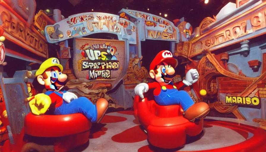 Image similar to 1990s photo of inside the Super Mario ride at Universal Studios in Orlando, Florida, riding with Super Mario through Bowser's Castle , cinematic, UHD