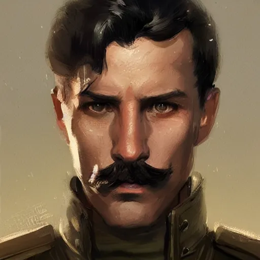 Image similar to portrait of a man by greg rutkowski, british features, short black hair in military style, moustache, tall, star wars expanded, universe, he is about 4 0 years old, wearing imperial captain uniform, artstation hq