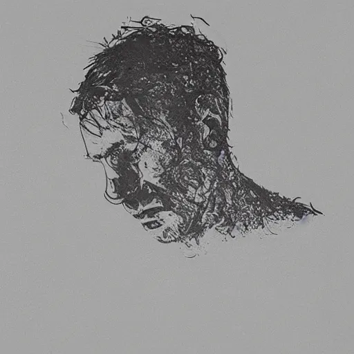 Image similar to Man thinking with hands on head, dissolving, philosopher. Simple. Abstract art.