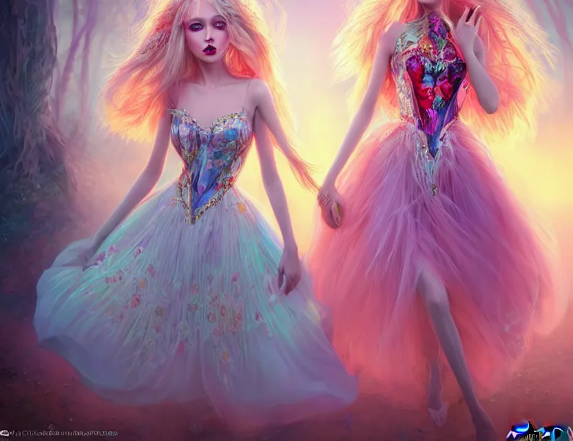 Prompt: two beautiful fashion girls wear fantasy dress in festival | | big eyes, sunny, dreamlike art, realistic shaded, smile, good looking, hyper details, 4 k realistic, cryengine, realistic shaded lighting poster by artgerm, ross tran, fuji choko, loish, 8 k resolution, trending on artstation, luxury