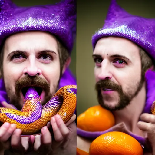 Prompt: magical purple elf man with pointy ears, a orange mustache, a snakes tongue, and sparkly skin, portrait photography