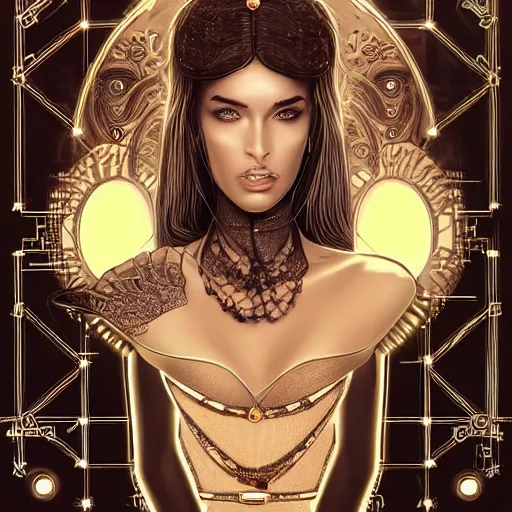 Image similar to the portrait of an absurdly elegant, sophisticated, fashionable ottomanpunk robotess idol, an ultrafine illustration of young african megan fox mix by kim jisu, intricate linework, neon wiring, fashion, porcelain skin, unreal engine 5 highly rendered, global illumination, radiant light, detailed and intricate environment, by rutkowski, artgerm, marvel comics