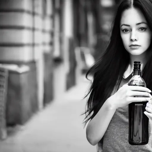 Prompt: photograph of woman holding a bottle in street, fashion shoot, award winning, kodak, 4 k, realistic intricate detail, hyper detail, woman very tired, full body potrait holding bottle, hazel green eyes, realistic, highlydetailed, natural, masterpiece, sharp focus,