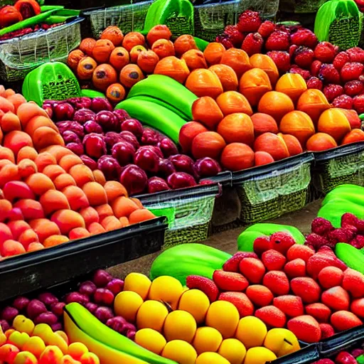 Prompt: uhd photorealistic produce stand selling half eaten fruit, uhd hyperdetailed photography