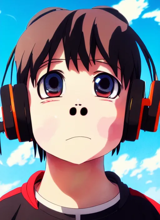 Prompt: portrait of anime style baby gorilla, sunny sky background, lush landscape, illustration concept art anime key visual trending pixiv fanbox by wlop and greg rutkowski and makoto shinkai and studio ghibli and kyoto animation, symmetrical facial features, black t shirt, red headphones,