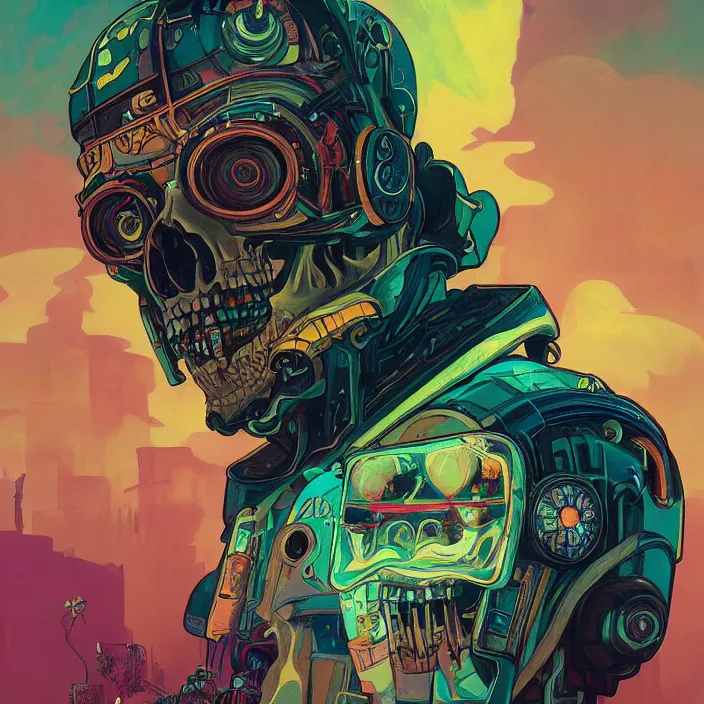 Image similar to a beautiful painting of a cyberpunk skull by simon stalenhag and pascal blanche and alphonse mucha. in style of digital art. colorful comic, film noir, symmetry, hyper detailed. octane render. trending on artstation